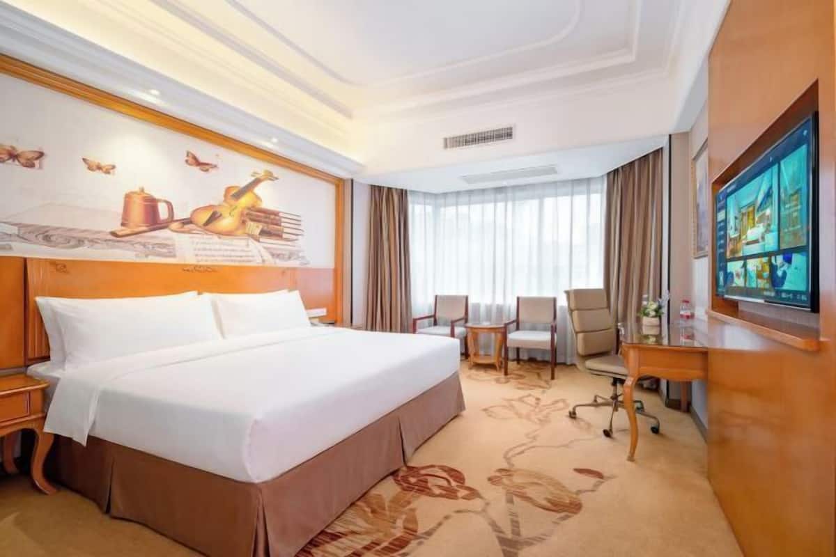 A hotel room with a large bed, a desk, a chair, a television, and a mural on the wall.