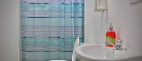 A bathroom with a toilet, sink, and shower curtain.