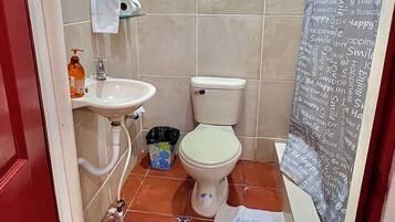 A small bathroom with a toilet, sink, and shower curtain.