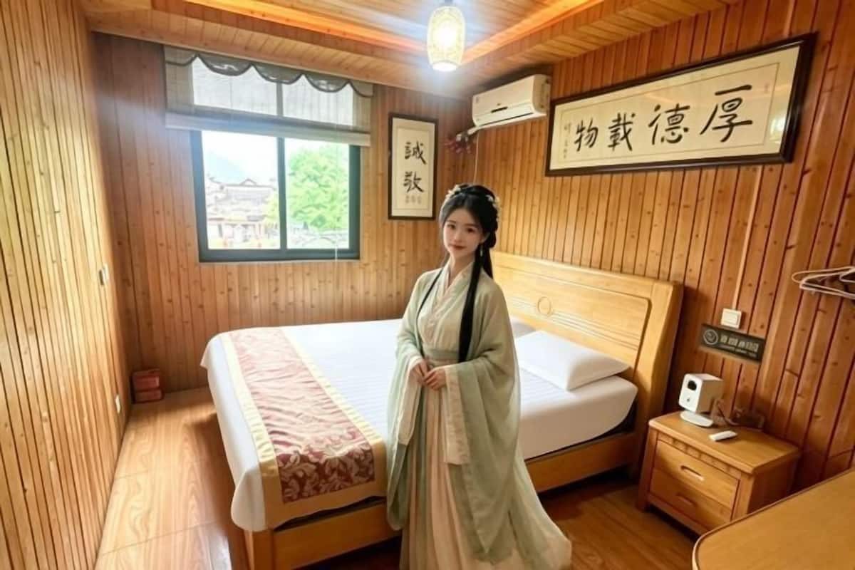 A traditional-style room with wooden walls, a bed with a white bedspread, a nightstand with a lamp, and a window with a view of buildings.