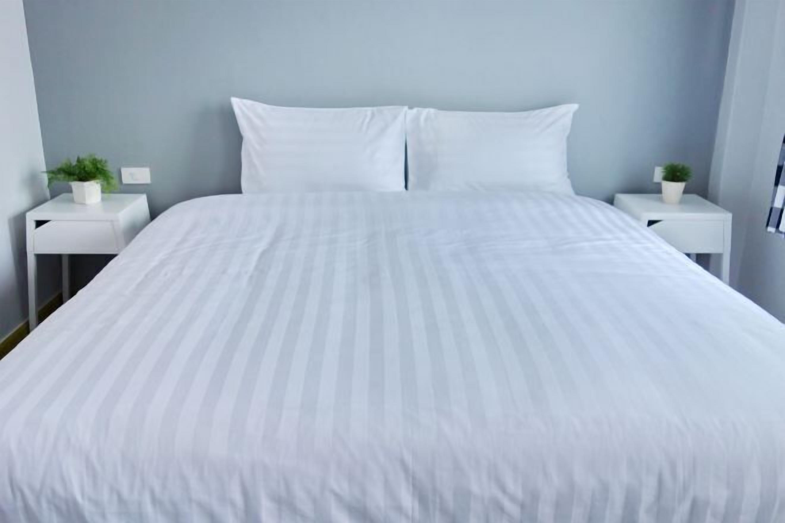 A bed with white bedding, two white nightstands with small potted plants, and a light blue wall.