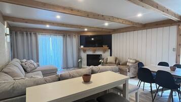 Smart TV, fireplace, books