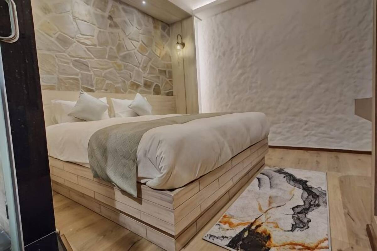 Une chambre à coucher moderne avec un mur d’accent en pierre, un cadre de lit en bois et un grand tapis à motifs abstraits.