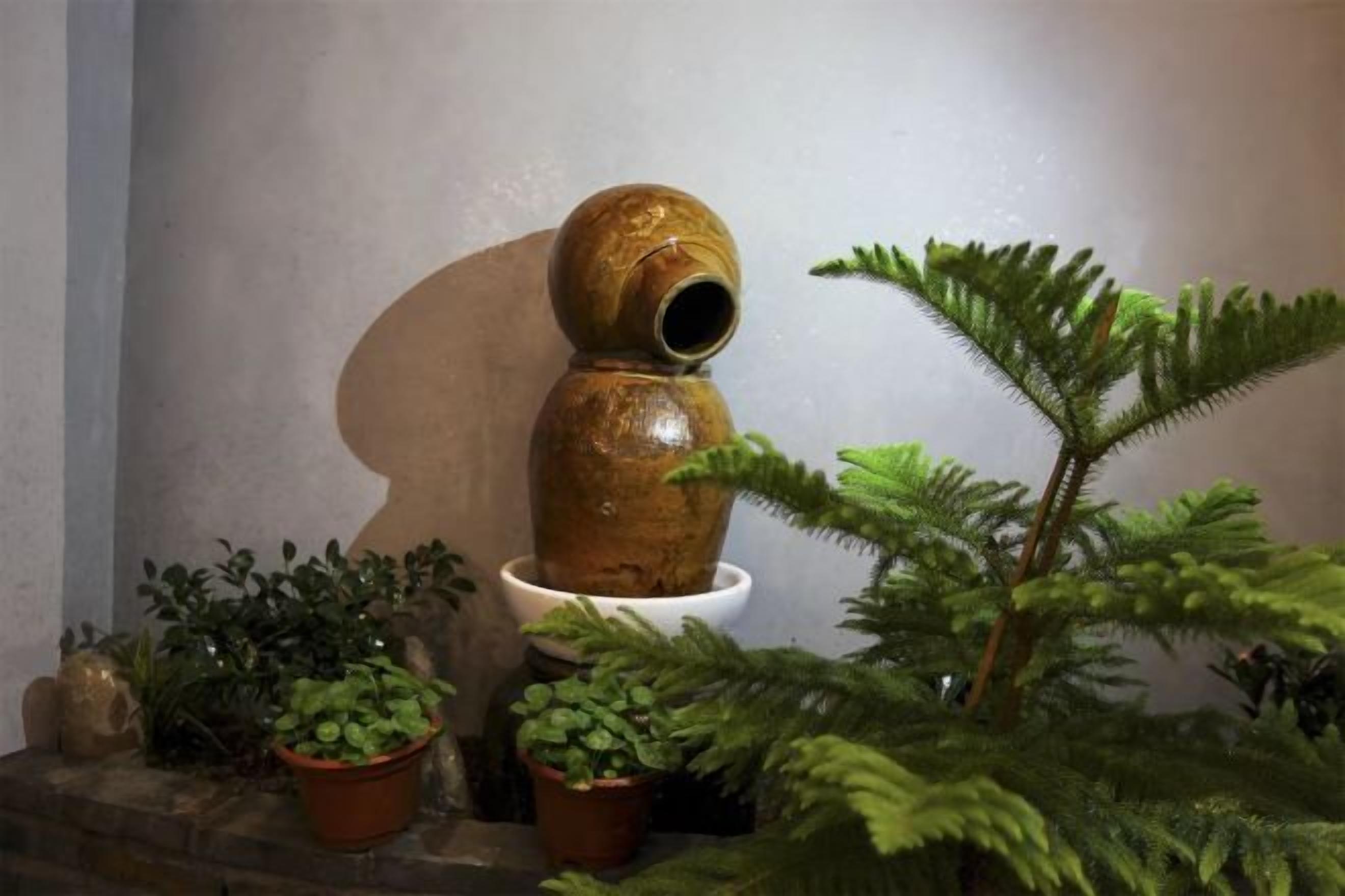 A rustic interior with a large clay pot sculpture, potted plants, and a fern.