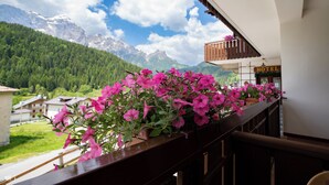 A balcony with pink flowers overlooking a mountainous landscape and a hotel sign. - HOTEL MAE' (Val di Zoldo)