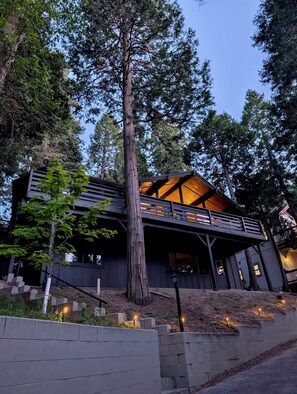 Ein modernes Haus mit einem großen Baum davor, einem Balkon und einem gut beleuchteten Eingang.