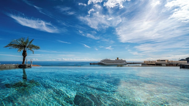 Une piscine d’eau cristalline, un palmier, un navire de croisière et une jetée en arrière-plan.