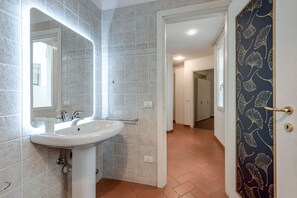 Shower, hair dryer, bidet, towels