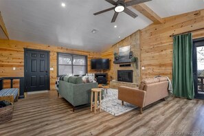 Smart TV, fireplace, DVD player, books