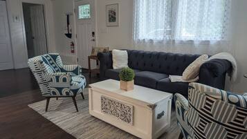 Smart TV, fireplace, books, computer monitors