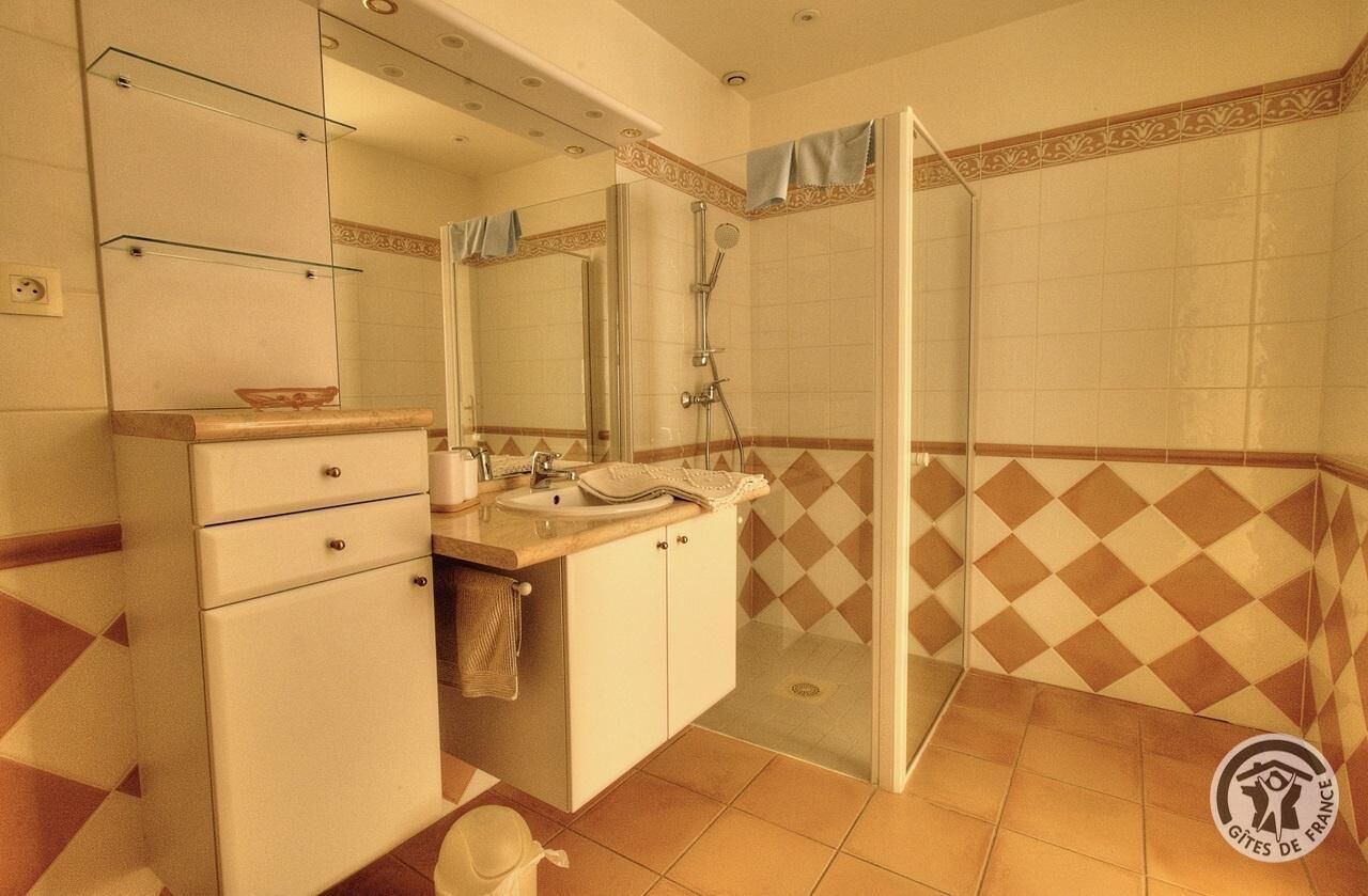Un baño con cabina de ducha de vidrio, un lavamanos con espejo y un armario con cajones.