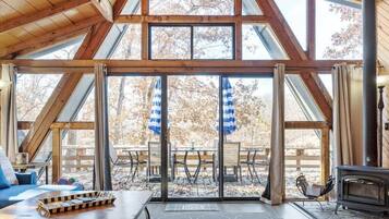 TV, fireplace, books, computer monitors