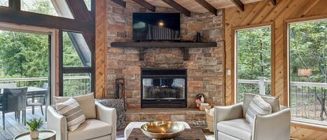 TV, fireplace, books