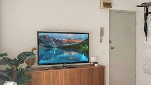 A living room with a flat-screen TV on a wooden cabinet, a grey sofa, a patterned rug, and a potted plant. - Carlton North Private Abode (Carlton North)