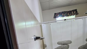 A bathroom with a white tiled wall, a shower curtain with a rock pattern, and a window with a floral curtain.