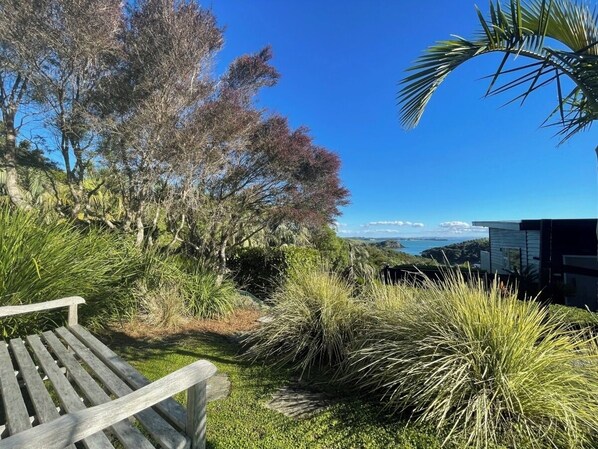 Sit on a bench amidst lush vegetation and trees, surrounded by a serene natural setting.