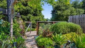 Un sendero en un jardín rodeado de abundante vegetación y una cerca de madera.