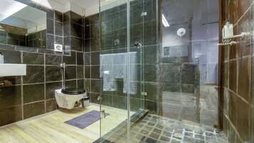 Shower, hair dryer, towels, soap