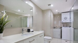 Shower, hair dryer, shampoo