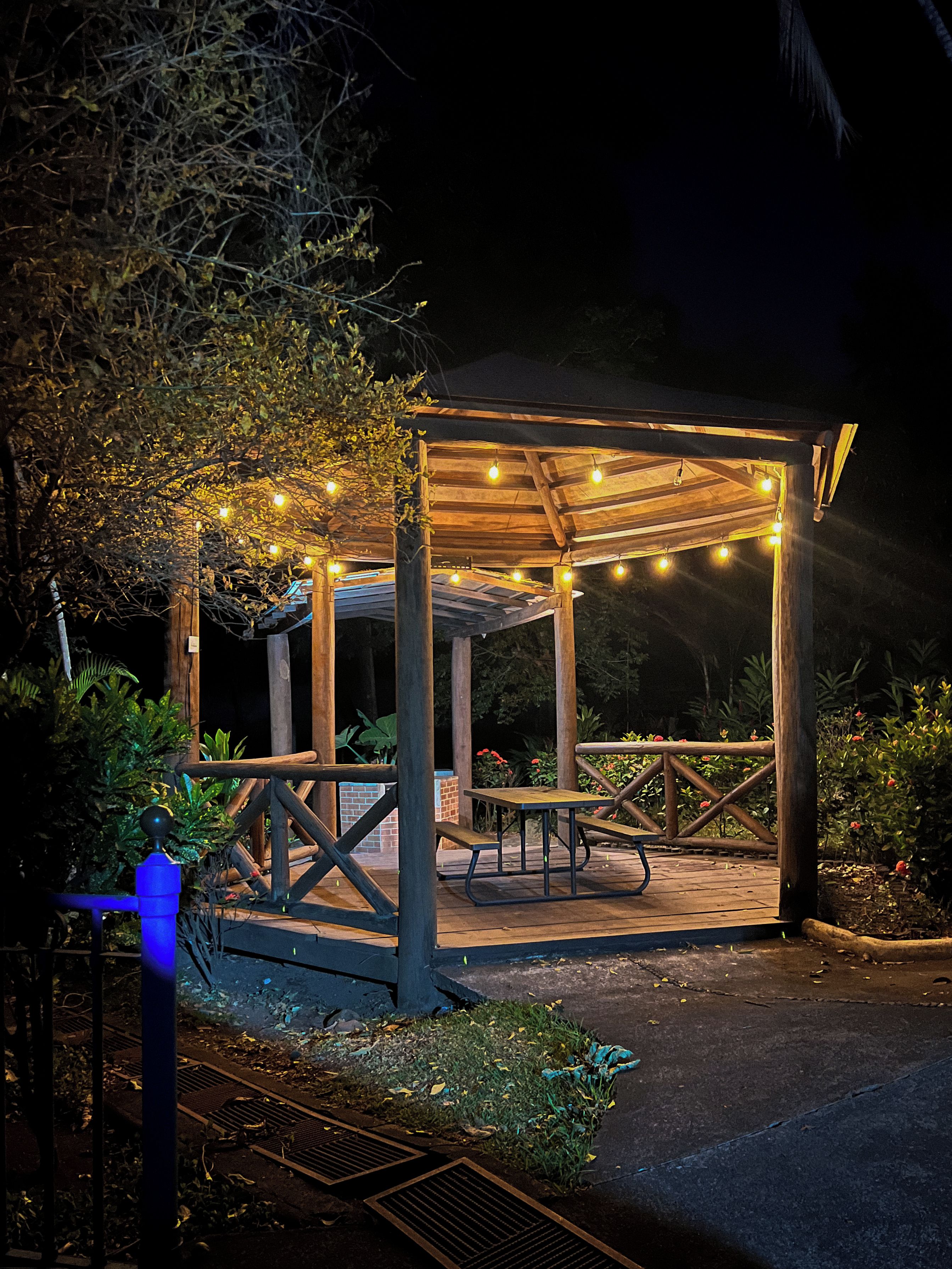 A wooden gazebo with string lights, benches, and a table, surrounded by greenery.