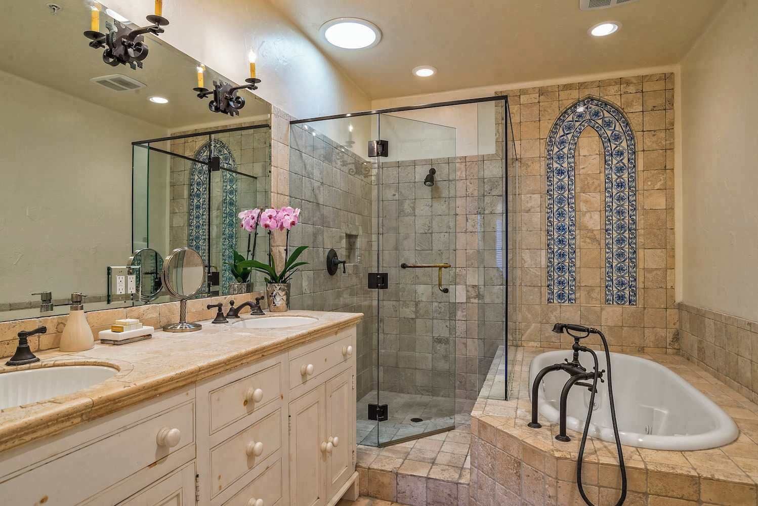 Shower, hair dryer, towels, shampoo