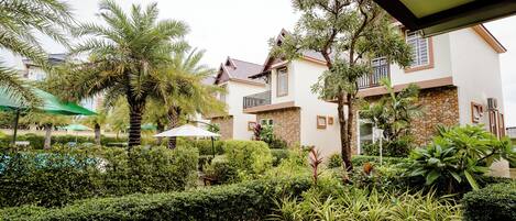 Un patio con un jardín bien cuidado, que incluye diversas plantas y una palmera.