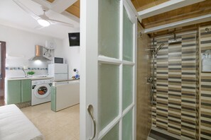 Shower, hair dryer, towels