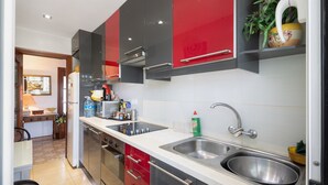 A modern kitchen with stainless steel appliances, a double sink, and red cabinetry.