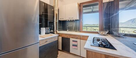 Fridge, microwave, oven, stovetop