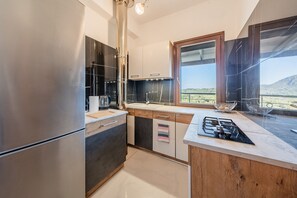 Fridge, oven, stovetop, coffee/tea maker