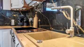 Frigorífico, microondas, horno y placa de cocina
