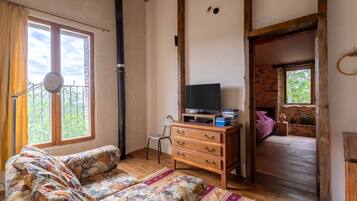 Una televisión, una chimenea, un reproductor de DVD