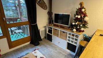 A living room with a TV, a Christmas tree, a wooden table, and a window with a view of trees.