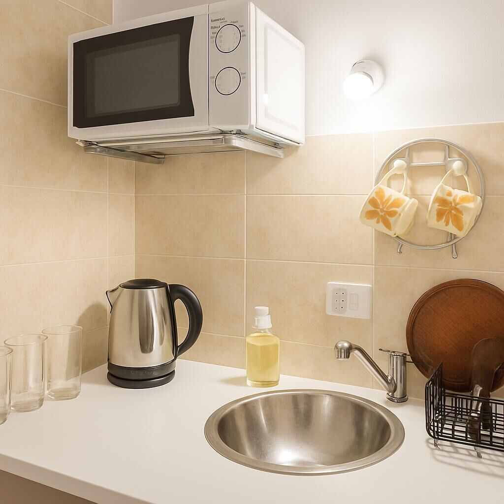 Una cocina moderna con microondas integrado, hervidor de acero inoxidable y pileta.
