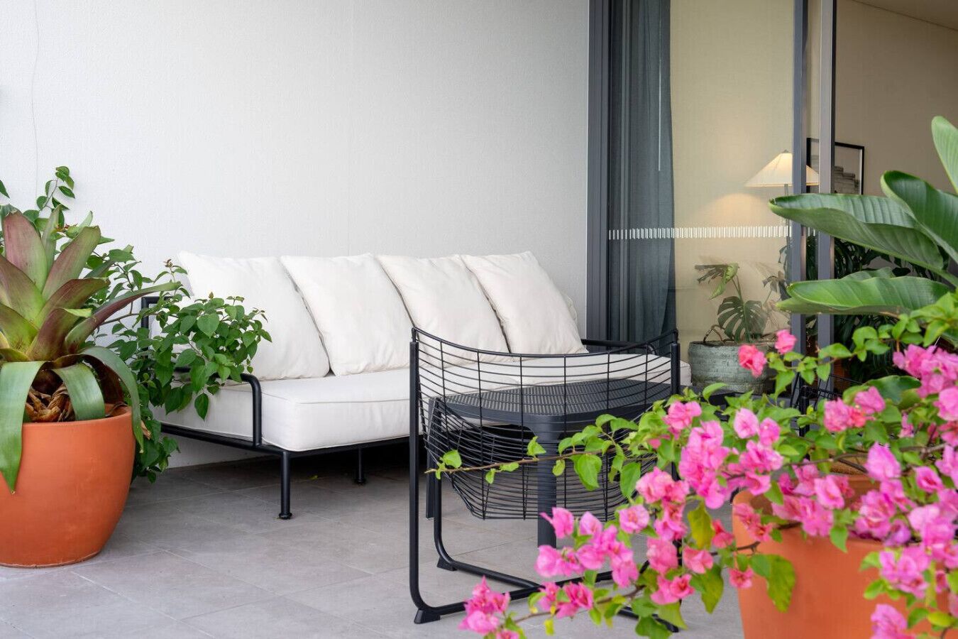 Un espace extérieur moderne, aménagé avec un canapé blanc et une chaise en métal noir, entouré de plantes et de fleurs en pot.