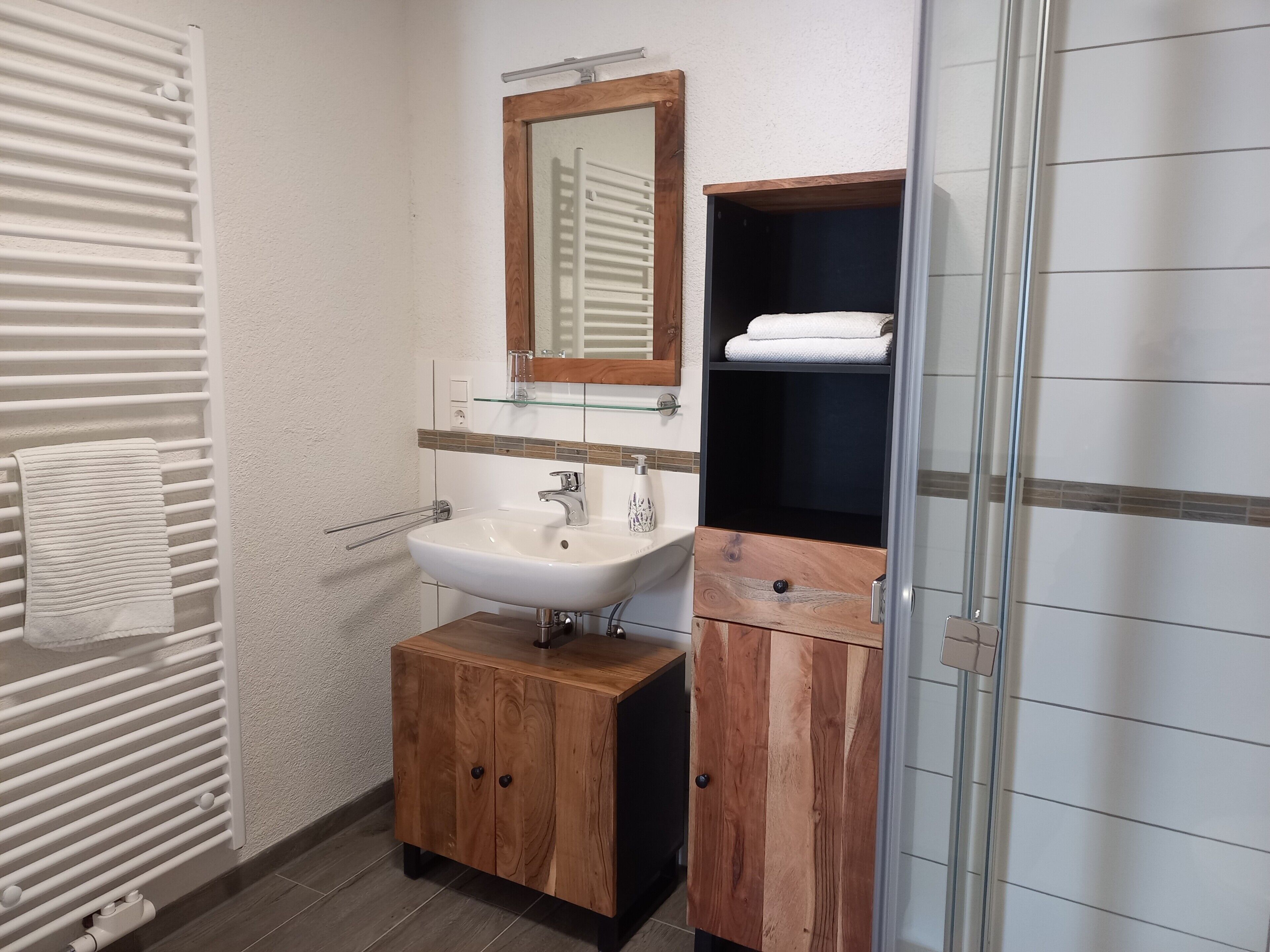 Shower, hair dryer, towels