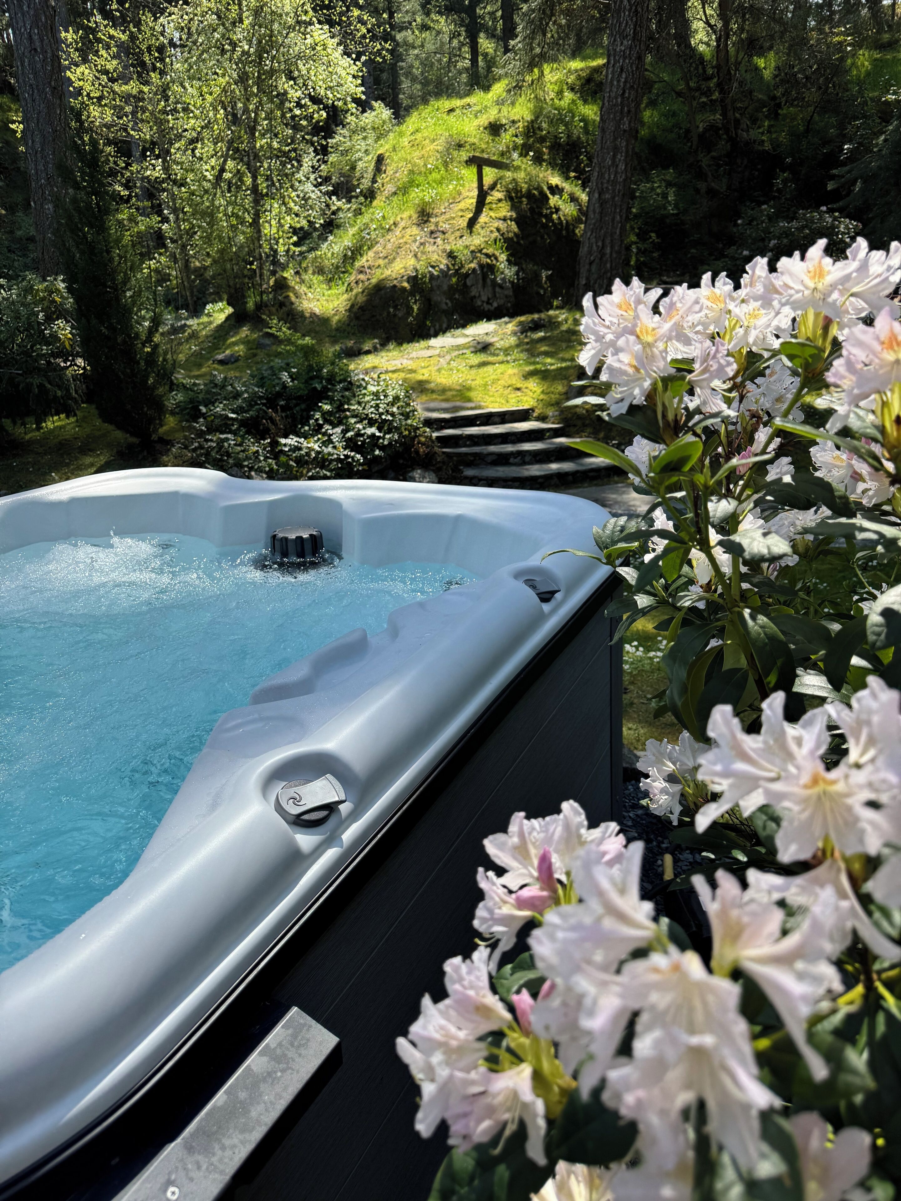 A hot tub surrounded by lush greenery and flowering plants.