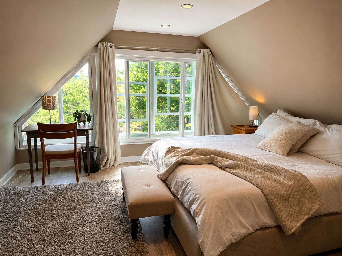Een slaapkamer met een groot bed, een bureau en een stoel.