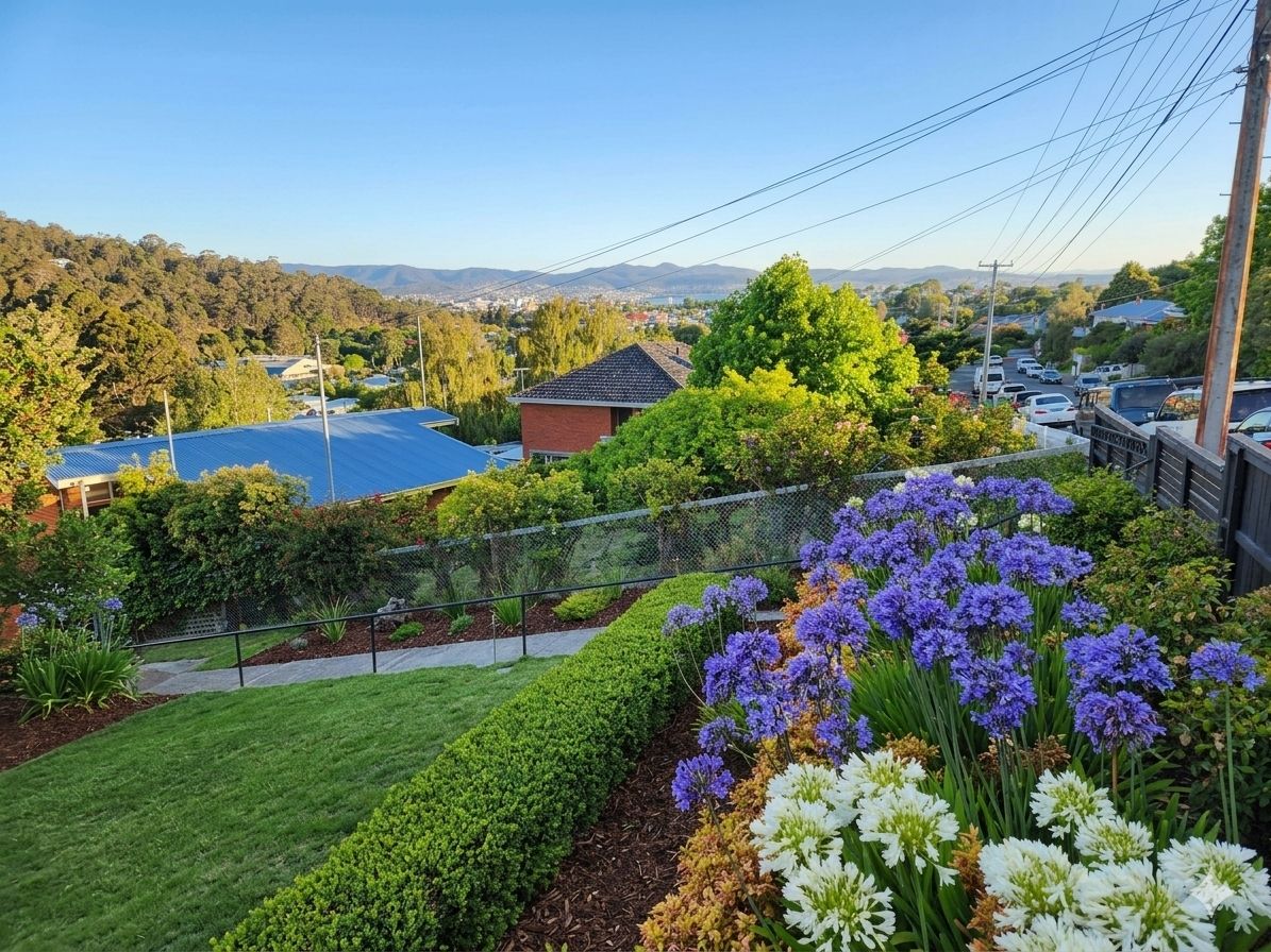 Un quartier résidentiel doté d’une pelouse bien entretenue, d’une variété de plantes à fleurs et offrant une vue dégagée sur les maisons et les collines lointaines.