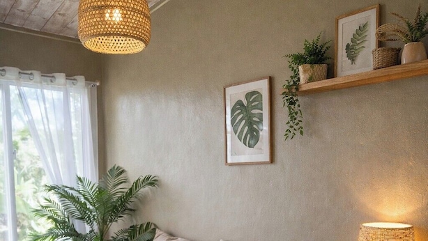 Ein Schlafzimmer mit Bett, Nachttischlampe, einer Wandablage mit Pflanzen und einem Fenster mit Vorhängen.