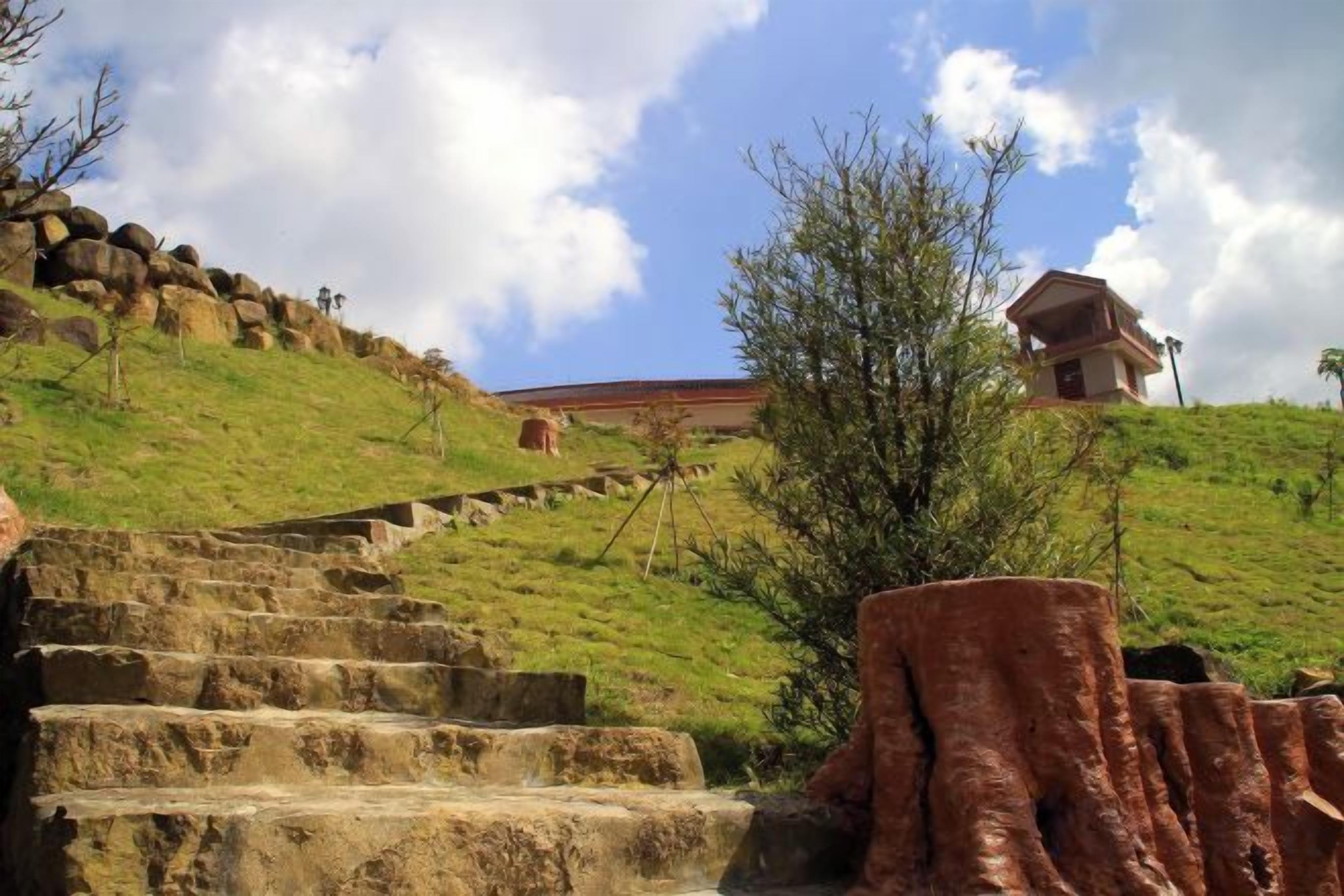 A set of stone steps leading up a grassy hill with a building in the background.