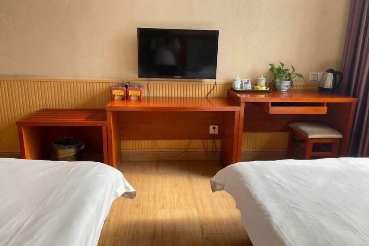 Ein Hotelzimmer mit zwei Betten, einem Holztisch mit Fernseher, einem kleinen Tisch mit Pflanze und einem Wasserkocher.