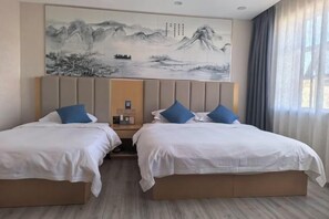 A hotel room with two beds, a large painting on the wall, and a window with curtains.