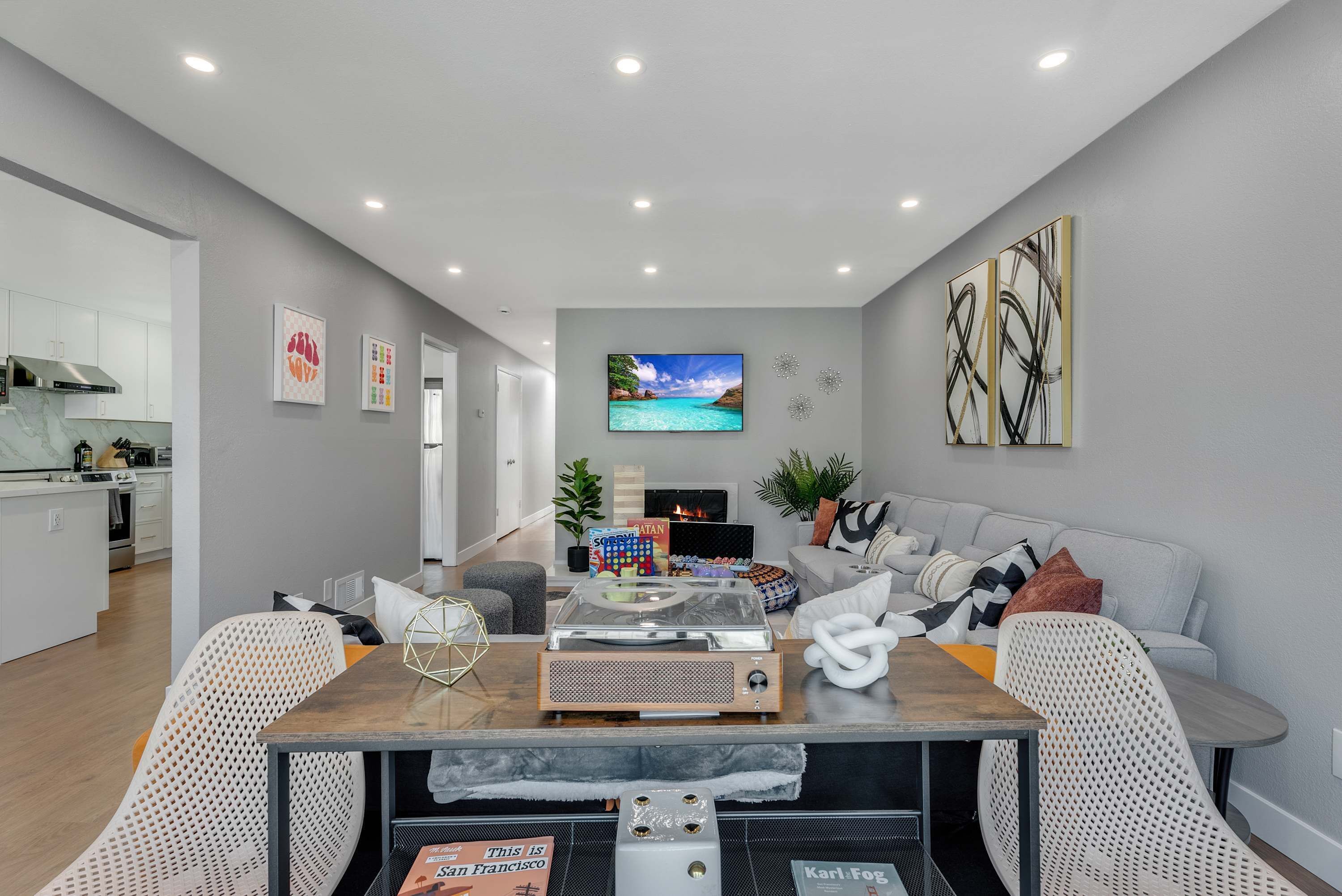TV, fireplace, foosball, books