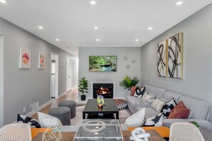 TV, fireplace, table football, books