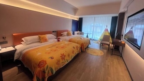 A hotel room with two beds, a small table, a chair, a tent-like decoration, and a large window. - Vest Holiday Hotel (Urumqi)
