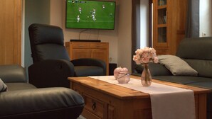 A living room with a television, a wooden cabinet, and a vase with flowers on a table. - Holiday Apartment 'Ferienhaus Op'n Doerp' with Private Terrace, Garden, Wi-Fi & EV Charger (Oesterwurth)