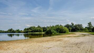Une plage de sable bordée d’un lac paisible, avec une forêt dense en arrière-plan.