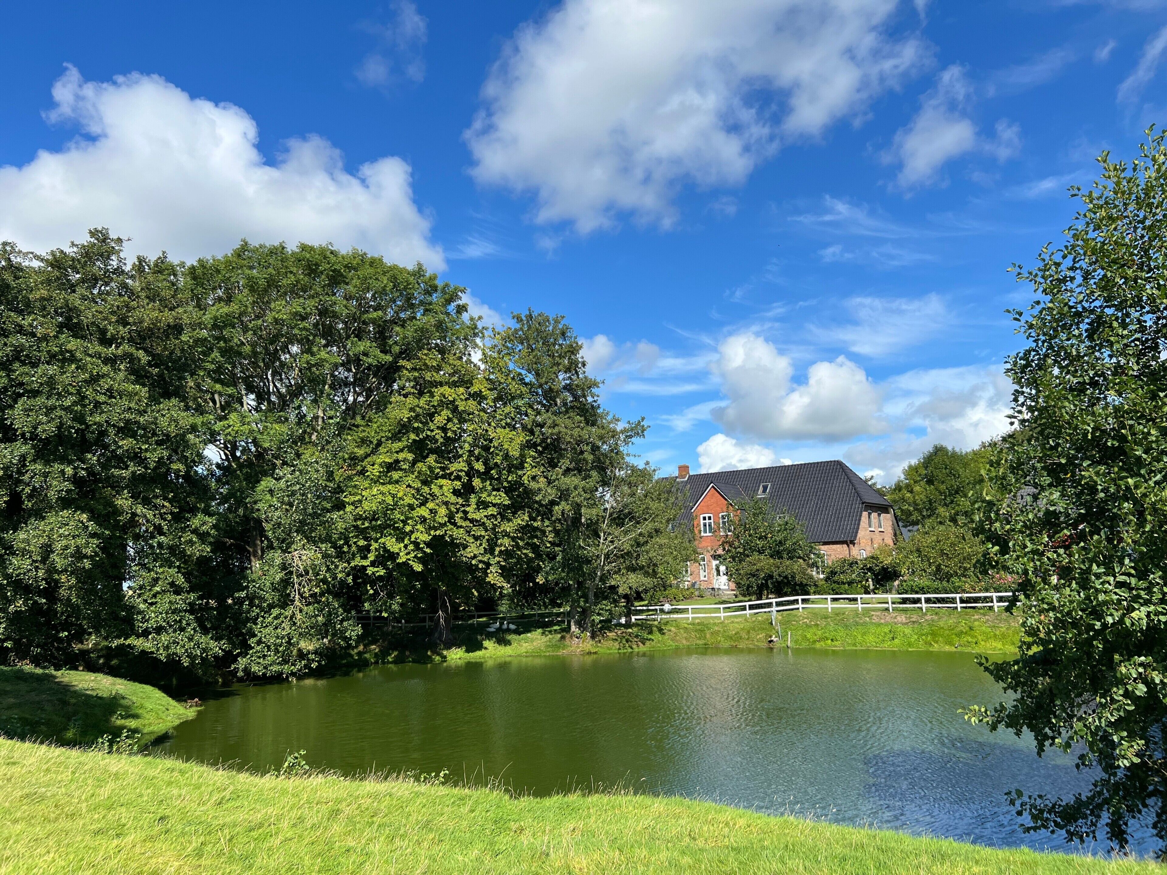 A serene pond surrounded by lush greenery, a white fence, and a house with a dark roof in the background.