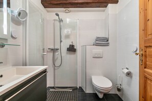 Chuveiro, secador de cabelo, toalhas de banho